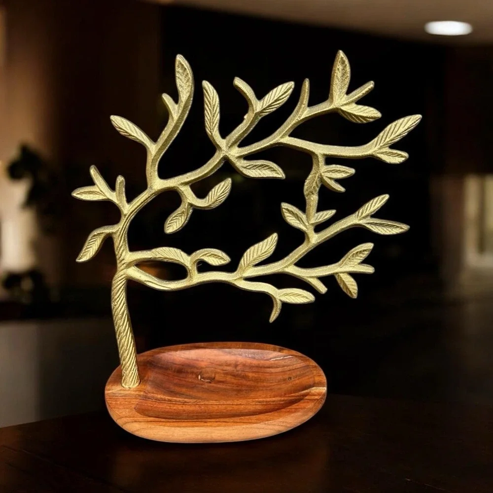 Brass-Tone Gold Jewelry Tree Organizer w/ Wood Tray Base 13